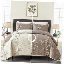3 Pieces Floral Quilt Set Queen Size Tan Branch Pattern Queen/Full Cream/Tan