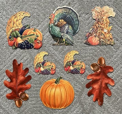 Vintage Thanksgiving Die Cut Decorations Lot of 8 Dennison, Turkey, Cornucopia 