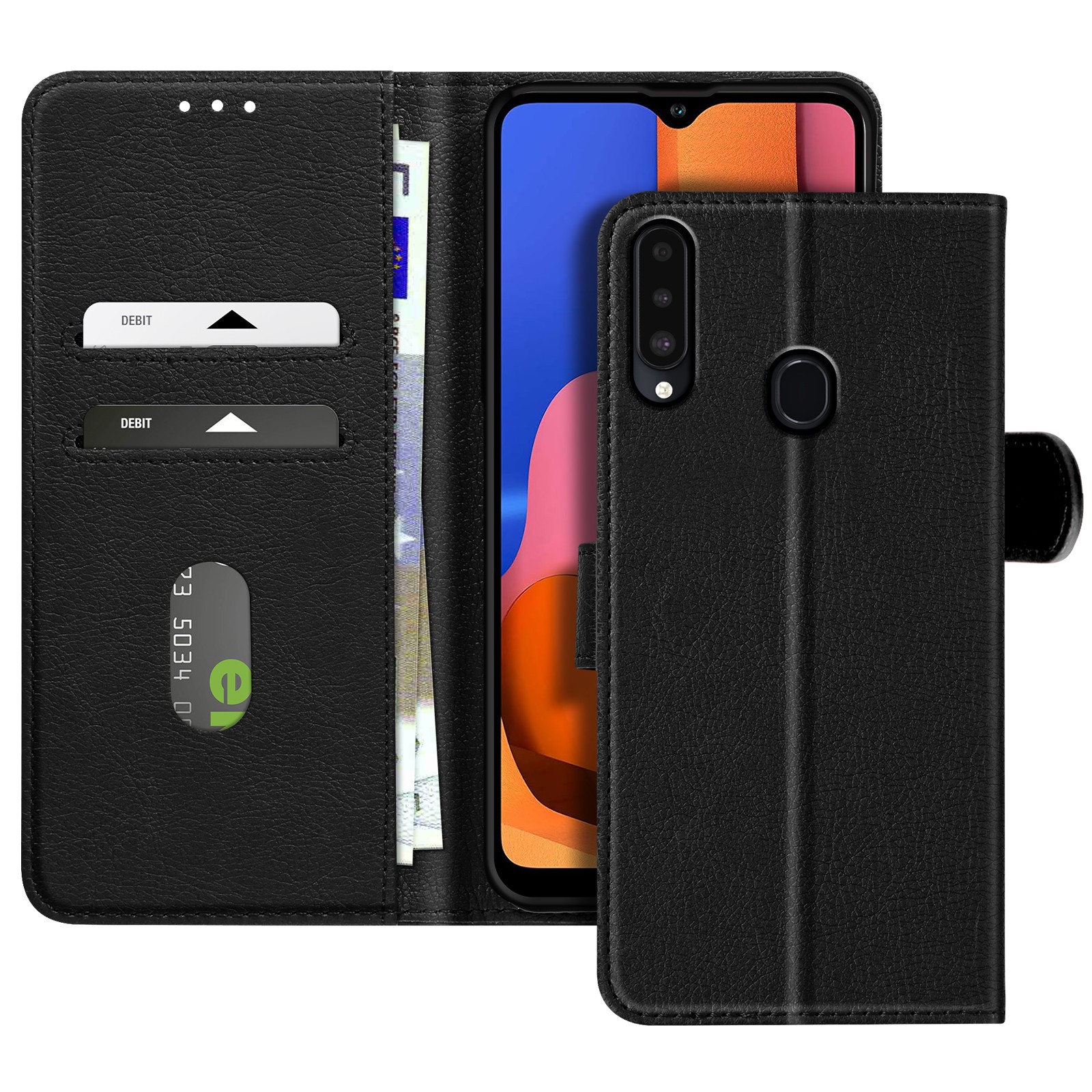 Housse Galaxy A20s avec support visionnage et protection à clapet en cuir synthétique