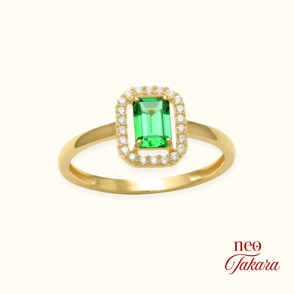 9ct Solid Yellow Gold Halo Green Ring Emerald-Cut with CZ Accents - Gift for Her - Image 4 of 4