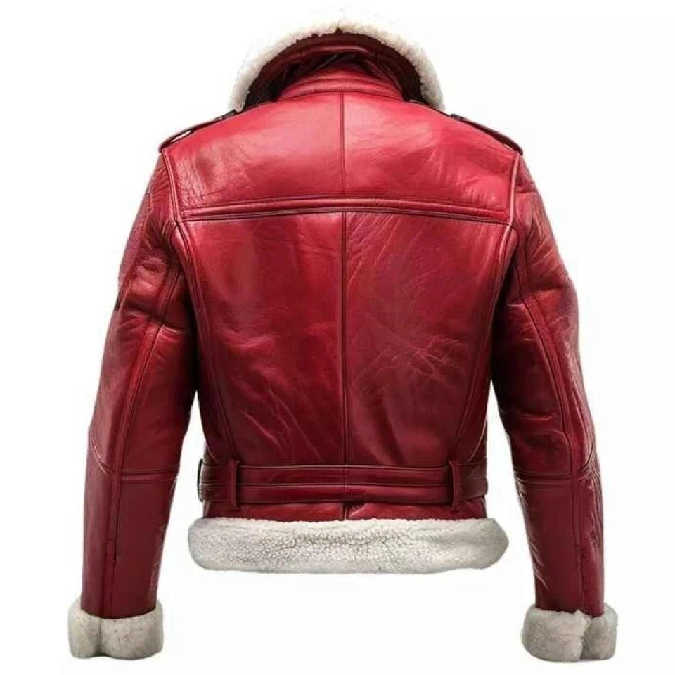 Mens Red B3 Shearling Aviator Jacket Real Sheepskin Leather Coat - Image 3 of 4