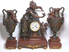 Pendule Horloge 56cm Garniture de Cheminée Régule Marbre Griotte Auguste Moreau