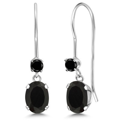 14K White Gold Onyx and Black Diamond French Wire Dangle Earrings For Women |