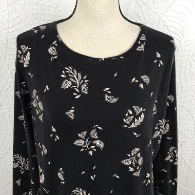 Croft & Barrow Classic Top Tee Shirt XL Black/Ivory Floral Long Sleeve Cotton