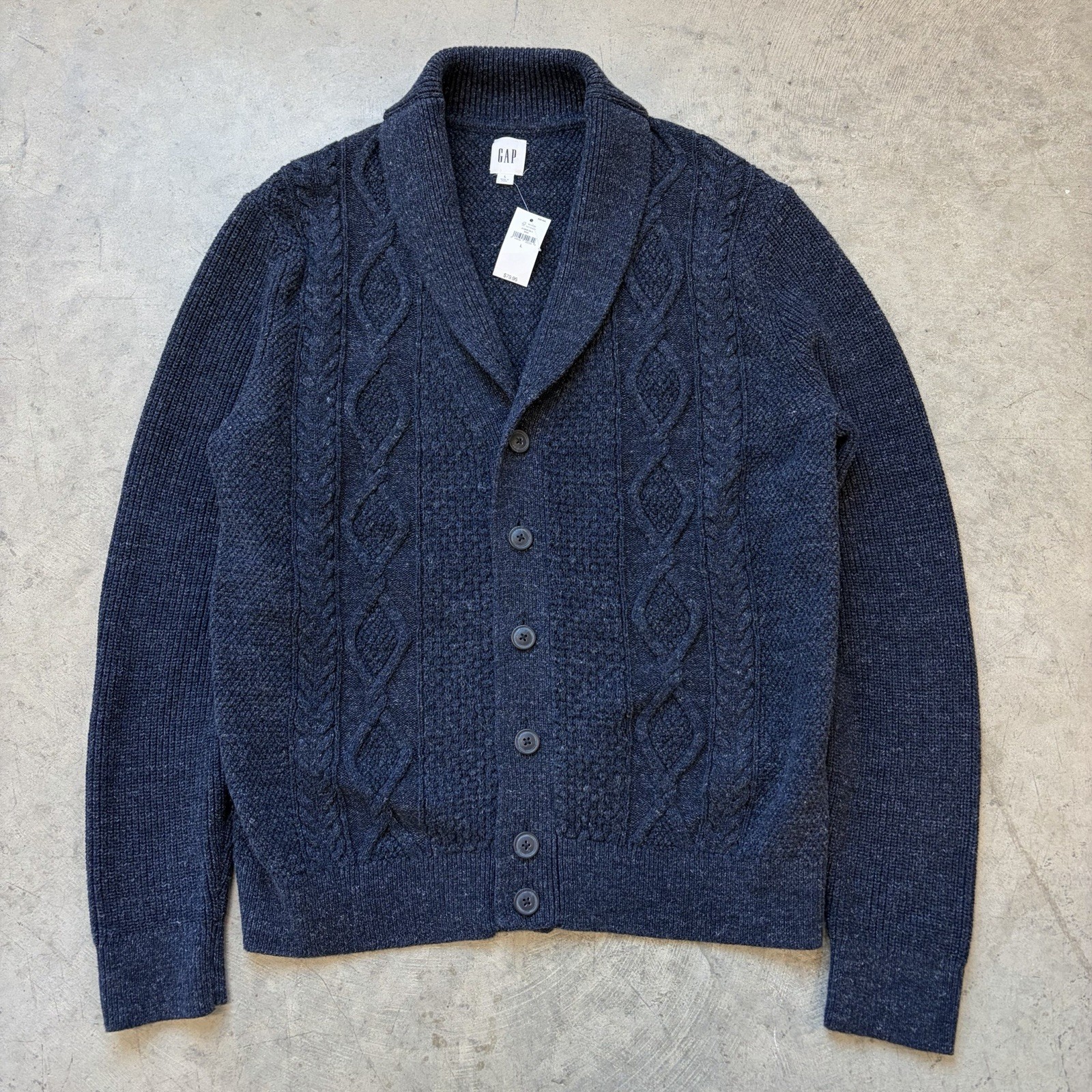 NEW Gap Cable Knit Shawl Collar Cardigan Sweater Fisherman Chunky Blue Men Large