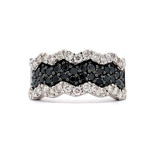 14K White Gold 4 Row Black & White Round Pave Diamond Zigzag Pattern Band Ring - Picture 1 of 14