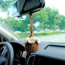 Crochet Daisy Car Mirror Hanging, Mini Flower Basket Charm, Boho Accessory