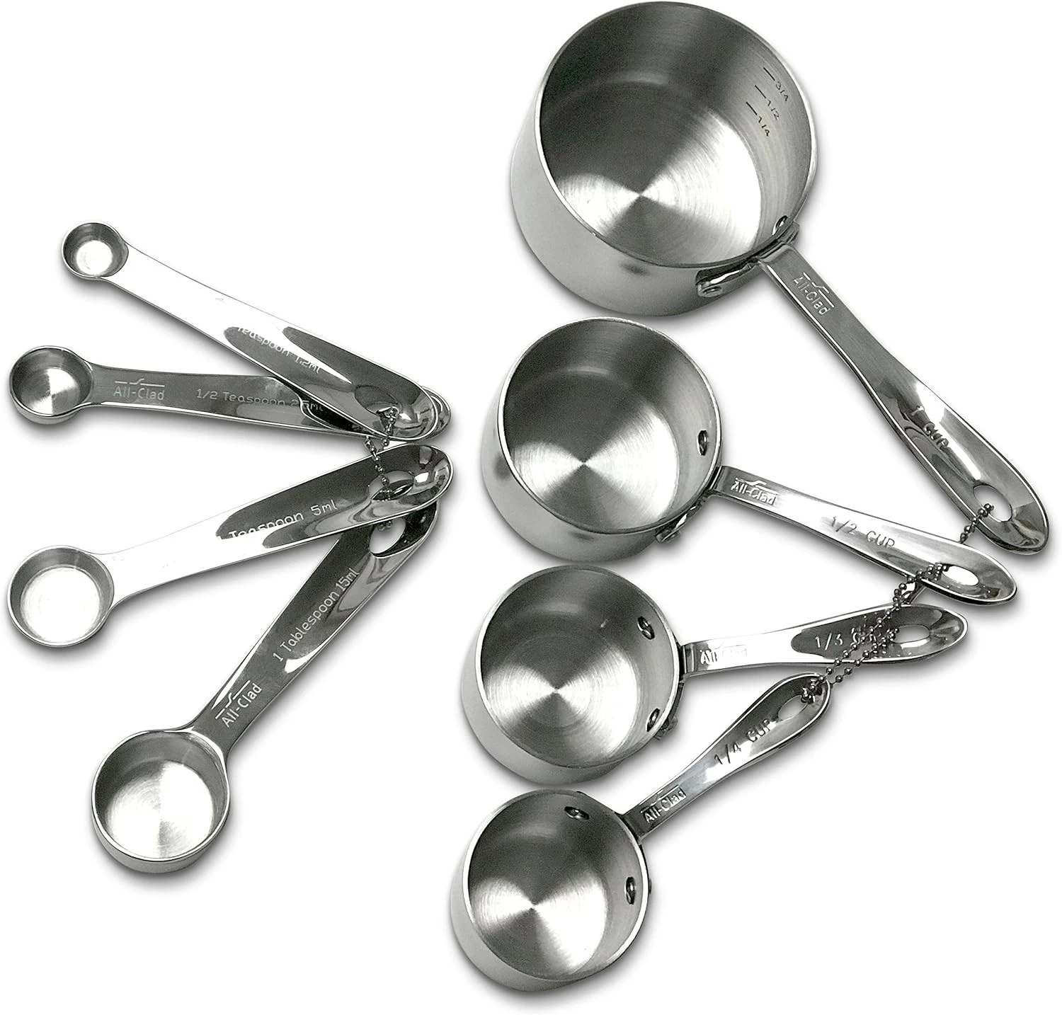 New ALL-CLAD Stainless Steel 8-pc Set 4-Standard Measuring Cups, 4 Spoons Silver