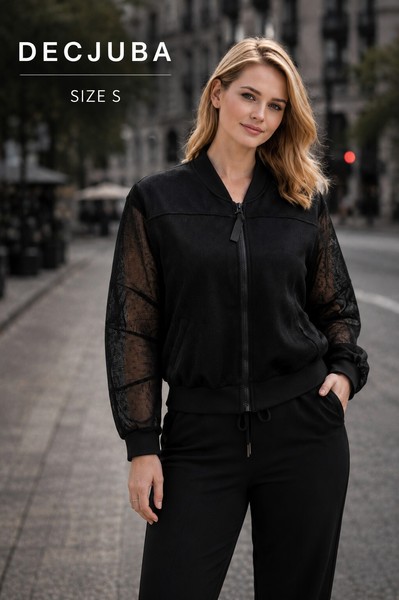 Decjuba Black Mesh Bomber Jacket Zip Front Long Sleeve Lightweight Size S Coat