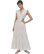 DKNY Jeans Women's Dress Sz XS Linen-Blend Tiered V-Neck Cutout