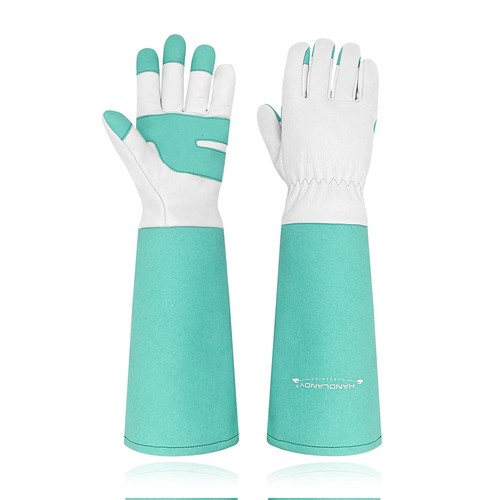 2 Pairs: Rose Pruning Long Gardening Leather Yard Work Gloves - Grey, Green, Med - Picture 6 of 9