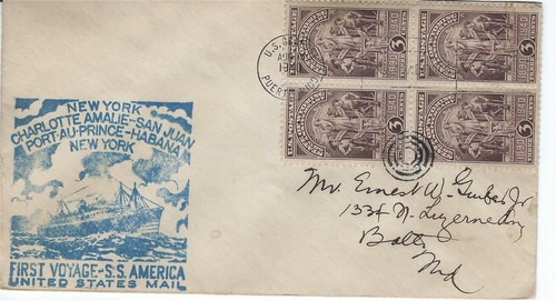 SS America First Voyage Aug 14 1940 Puerto Rico Seapost Franked w/SC# 897 Blk/4