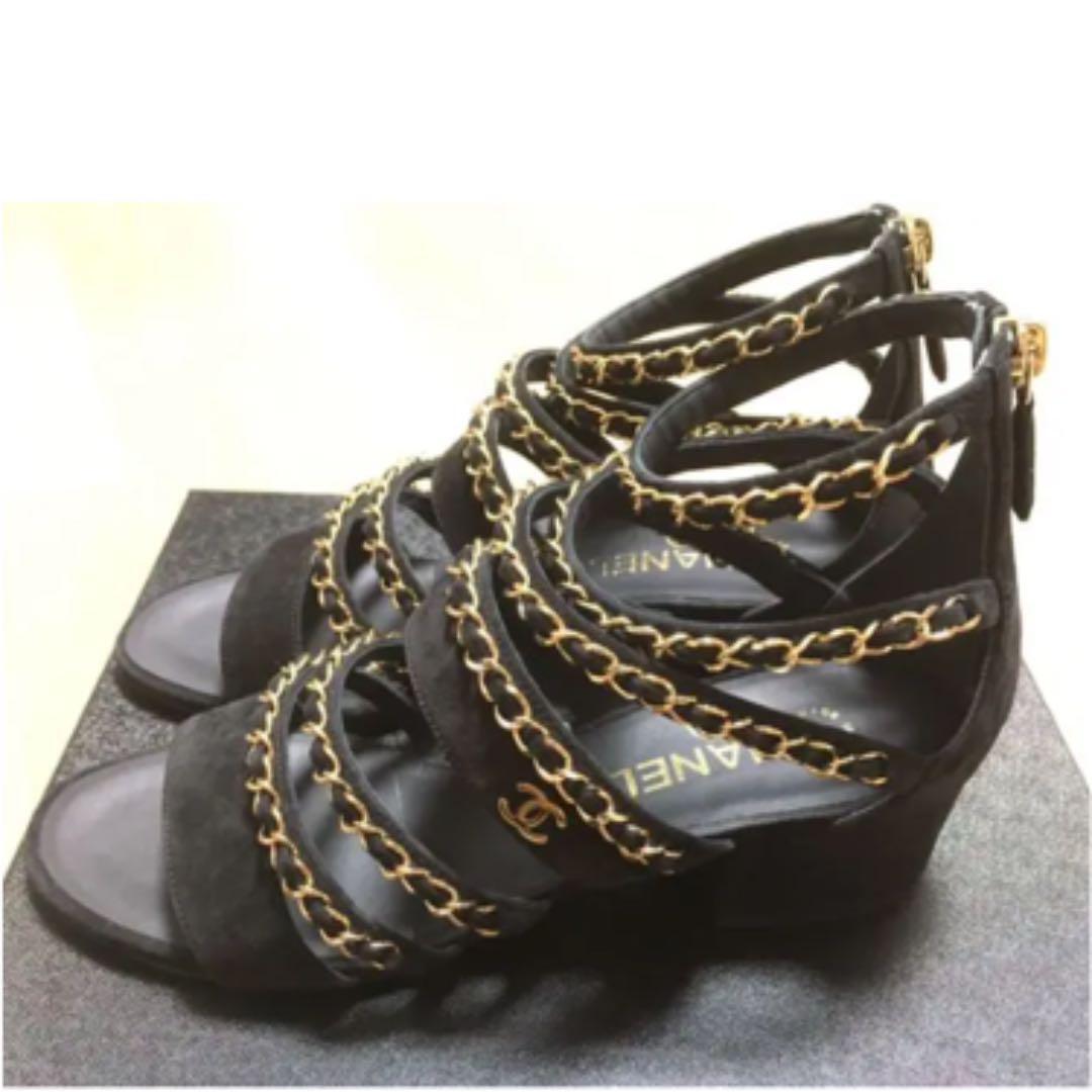 CHANEL Gold CC Logo Chain Black Suede Gladiator Sandals EUR38 New From Japan