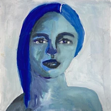 Original Portrait Painting 8x8 Expressive Blue Woman Naive Art Miz Katie