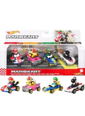 Mattel Hot Wheels Mario Kart 4 Pack Die-Cast - Mario, Bowser, Luigi, Black Yoshi