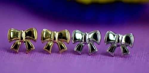 14k solid white yellow gold bow tie stud earrings cz - Picture 5 of 14