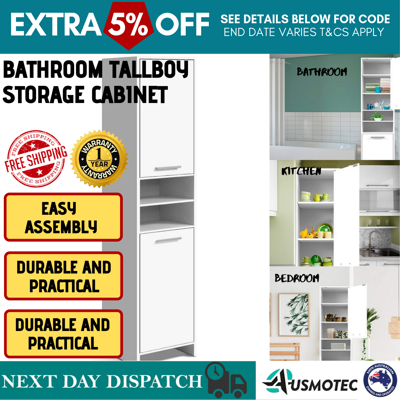 New Tall Slim Cabinet Storage Bathroom Laundry Kitchen Cupboard Tallboy Shelf Ebay