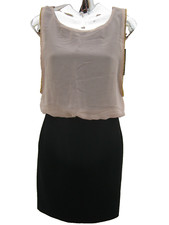River Island Women's Dress Stretch Chiffon Overlay Black & Beige Bodycon Size 8