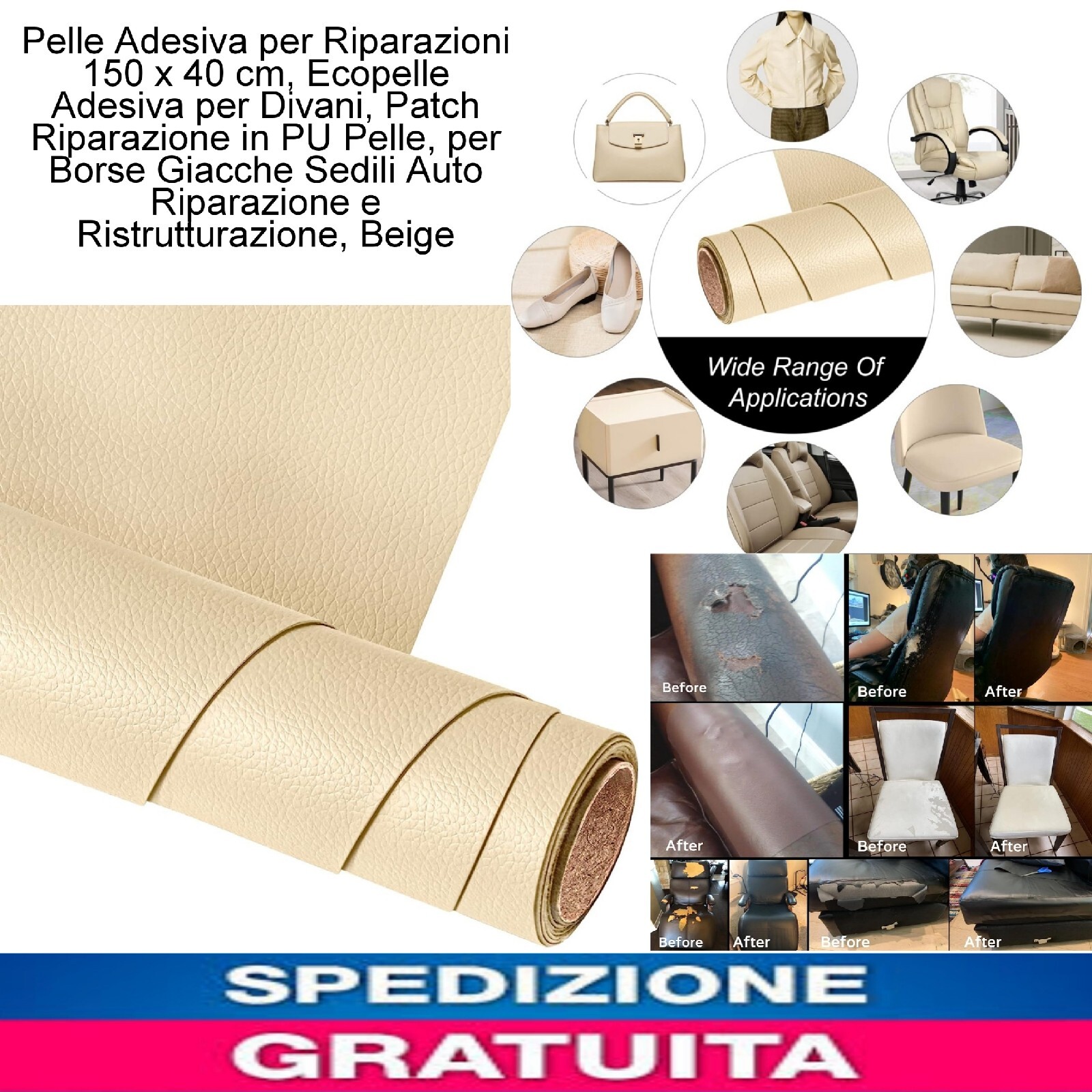 Toppa Pelle Ecopelle Adesiva x Riparazioni 150x40 cm x Divani Sedili Auto Borse 