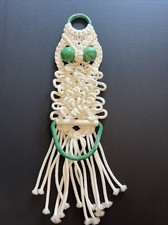 Vintage 1970s Boho Macrame Owl Hanging Towel Holder MCM Kitschy Retro 24"