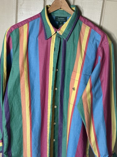 Vintage Polo Ralph Lauren Button Down Shirt Colorful Striped Block 80-90s Bright - Picture 2 of 6