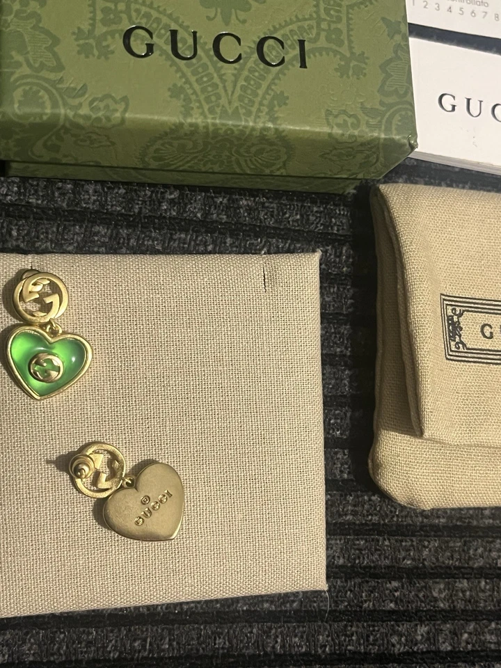Gucci Gg Heart Green Dangle Earrings Stud Gold Plated - Image 4 of 4