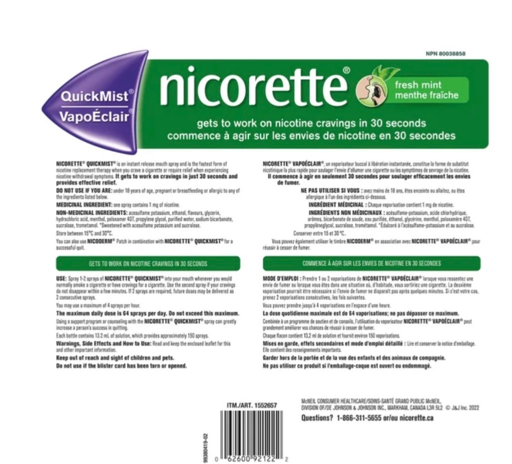 Quickmist Packshot Nicorette QuickMist Fresh Mint 150 sprays, 3-pack 885252058074 | eBay