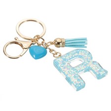Initial Letter Keychain, Letter R Heart Design Charm with Tassels, Blue