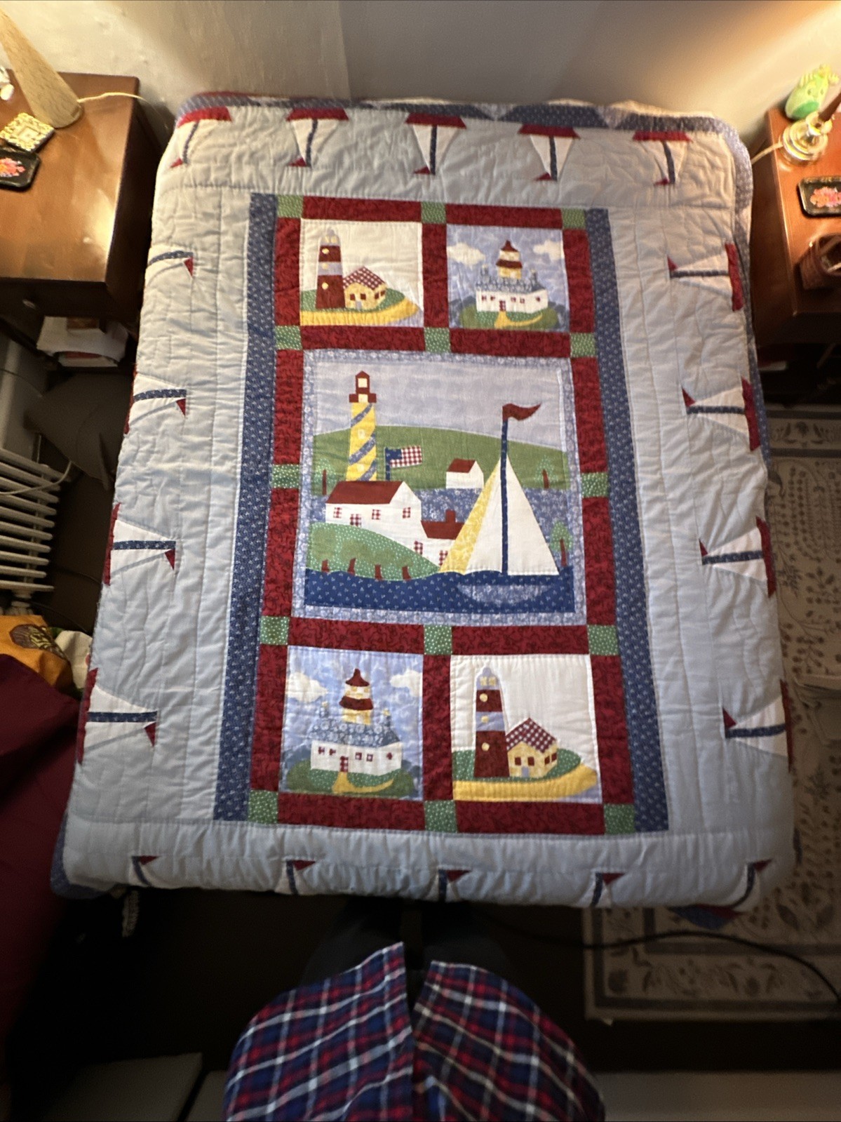 Vintage Feed Sack Hand Stitched Beautiful Light House Sailboat Quilt 87x83
