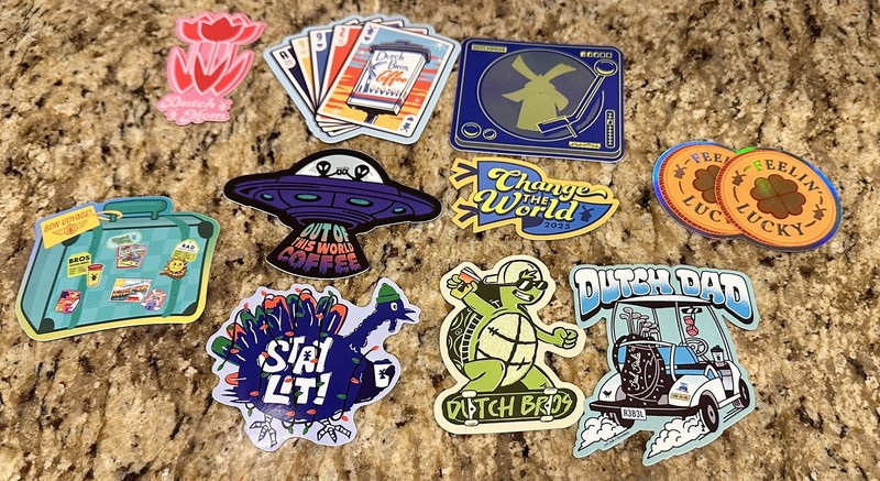 *** 10 STICKER LOT DUTCH BROS *** MOM TULIP SUITCASE ALIEN TURTLE TURKEY GOLF