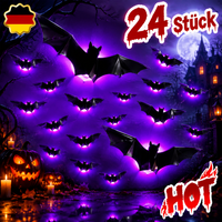 Halloween Fledermaus Deko 24 StüCk LED 3D Wandaufkleber Wasserdicht Lila Rot