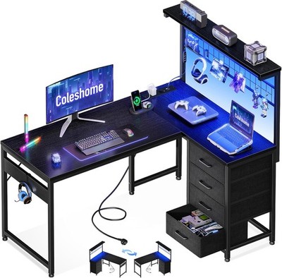 Coleshome Gaming Tisch mit LED, 110 × 80 cm Reversibler Eckschreibtisch, schwarz