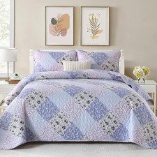 Floral Plaid Patchwork Quilt Set King Size, Reversible Lavender Bedding Set S...