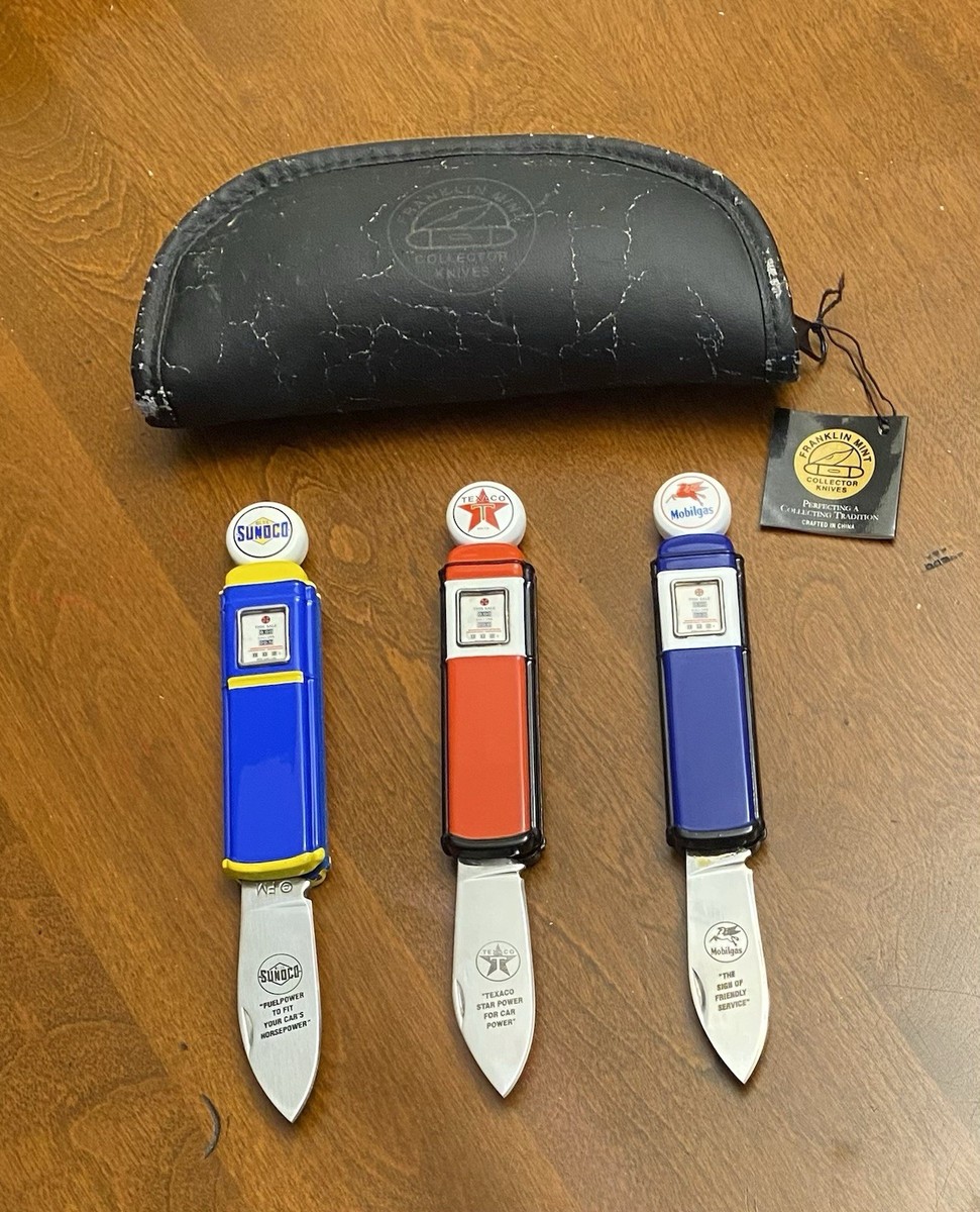 3 Franklin Mint Collectible Gas Pump Knives Sunoco Texaco Mobilgas