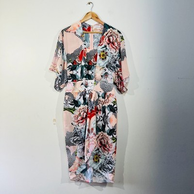 Cooper St AU 10 Floral Midi Dress Kimono Sleeve Wrap Style Geometric Pink Black