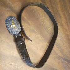 Western Tooled Black Leather Belt with Ornate Silver-Gold Buckle