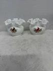 Vtg Fenton White Glass Ross Bowl Vase Hanpainted Cardinals Set 2 Signed
