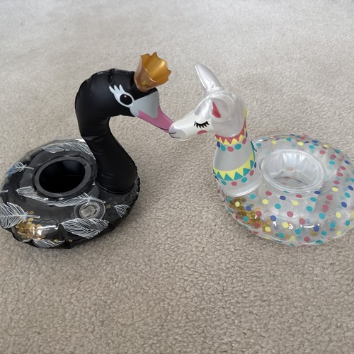 Lot of 2 Swan white/black Inflatable Drink Can Cup Holder Float Pool spa Party
