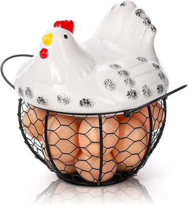 Chicken Egg Basket, Black Wire Egg Collection Baskes with Ceramic Lid for Gat...