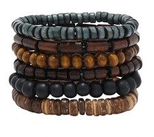 6pcs Braided Leather  Wooden Bead Bracelets   Adjustable Vintage Style for Men