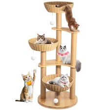 54inch Modern Oak Wood Cat Tree Tower for Indoor Large Cats with White Cloud Mat