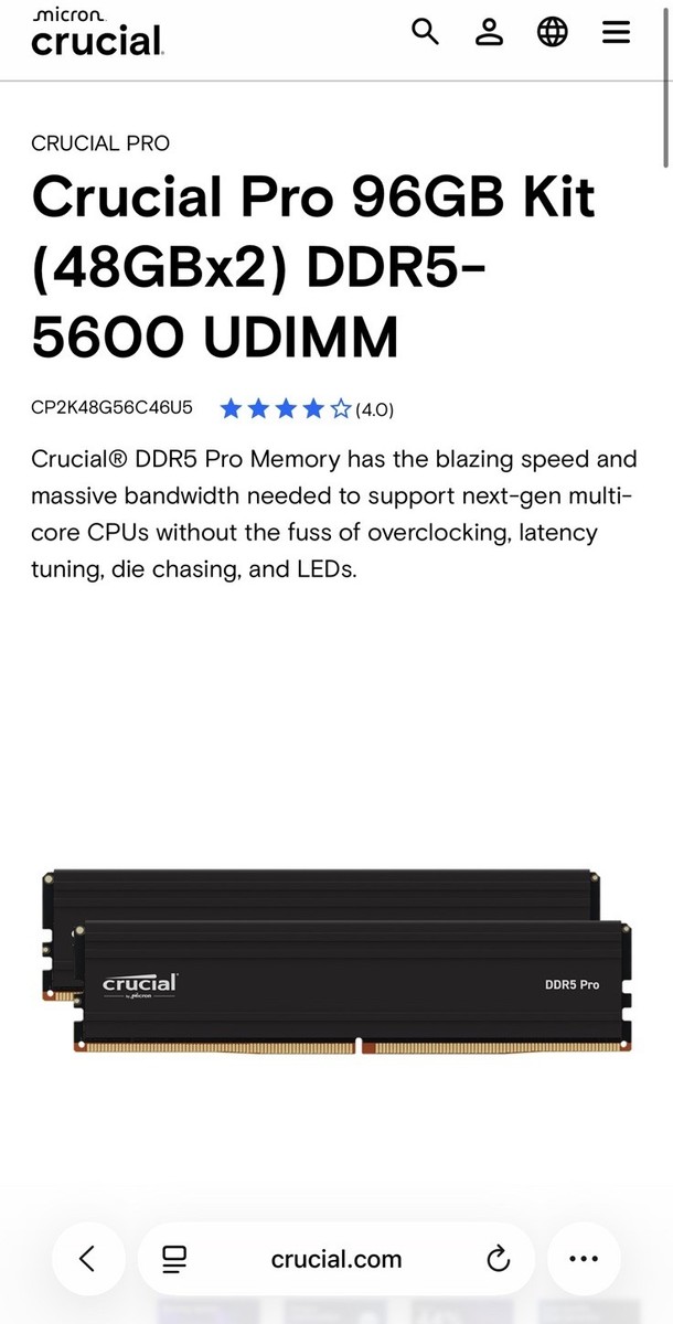 Crucial Pro 96GB RAM (2x48GB) DDR5 UDIMM 5600MHz CP2K48G56C46U5