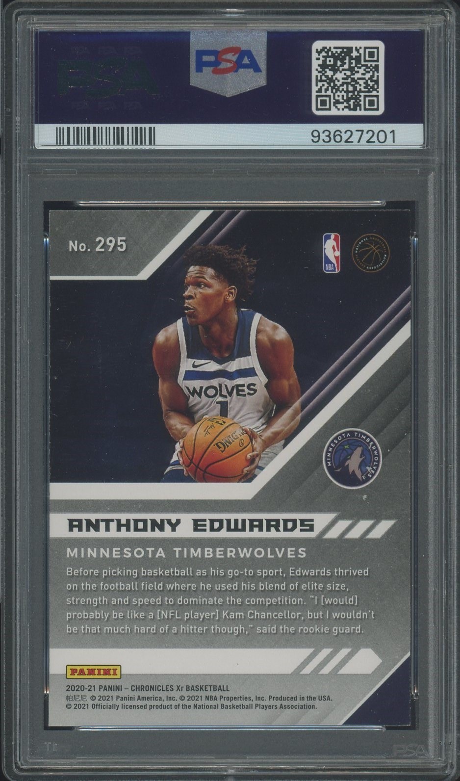 2020 Panini Chronicles Teal #295 Anthony Edwards Timberwolves RC Rookie PSA 9 view 2