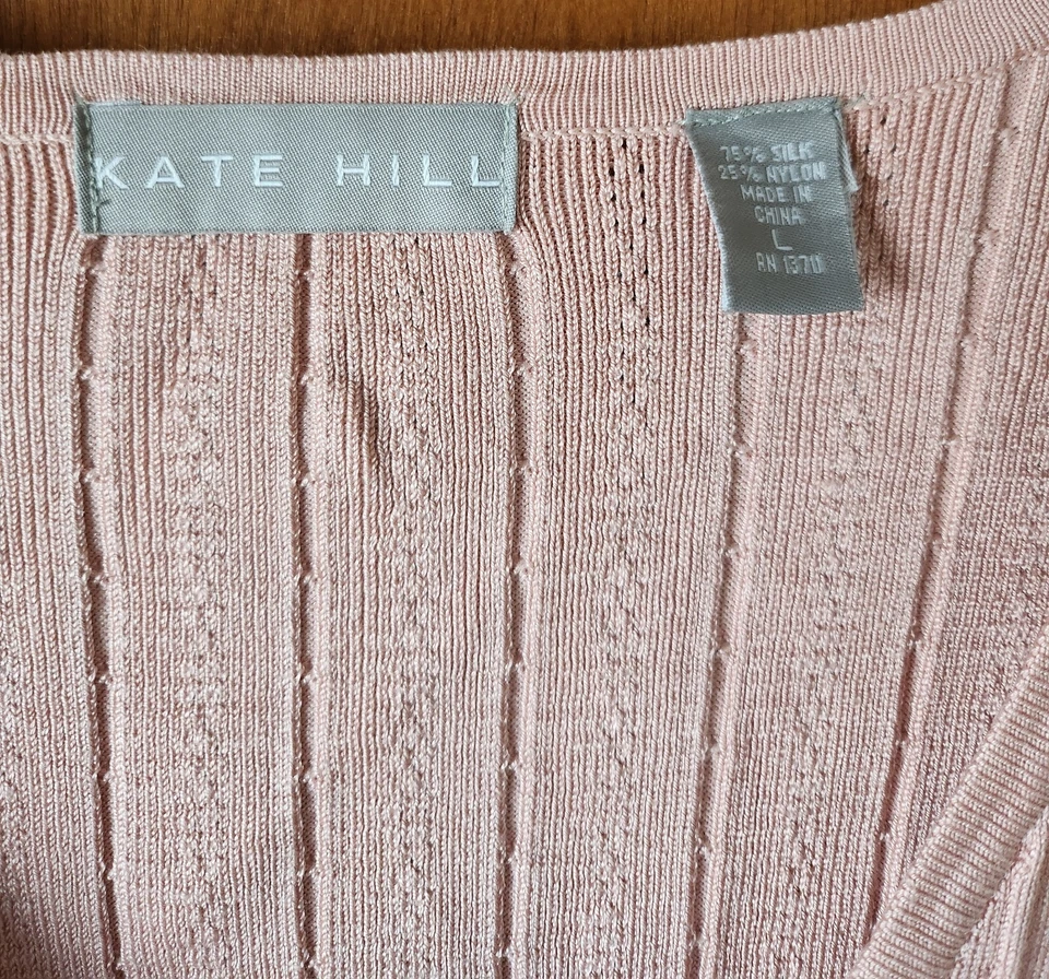KATE HILL NUEVO CON ETIQUETAS Rosa Mujer Suéter Cárdigan Seda Nylon Grande Ligero Primavera Foto 2 de 4