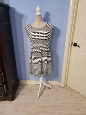 AB Studio Large Dress Womens Cream And Black Striped Short Sleeve