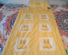 Vintage Yellow Gingham Embroidered Kitty Cat Crib Small Bed Set Blanket Pillowca