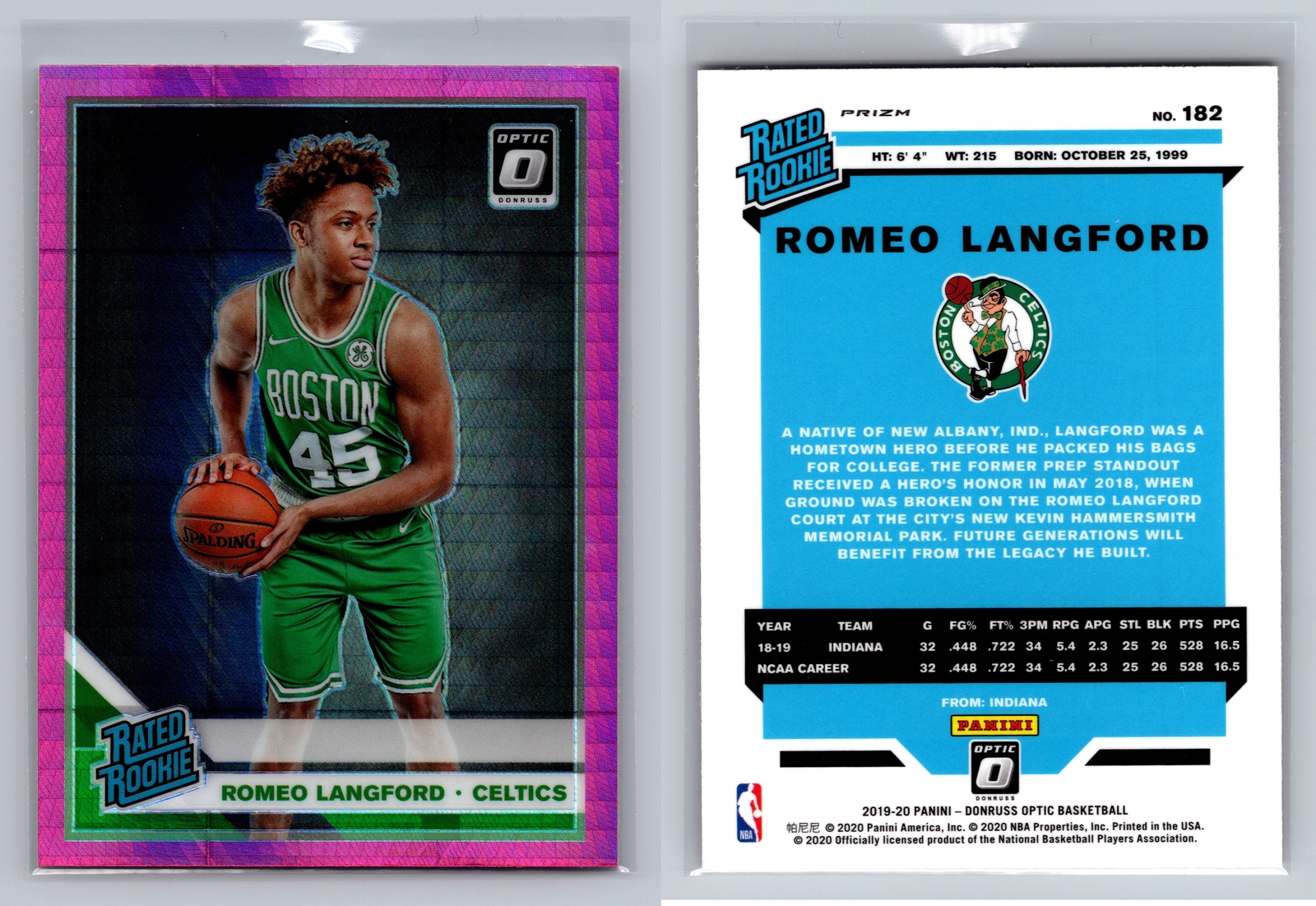 2019-20 Donruss Optic #182 Romeo Langford Hyper Pink