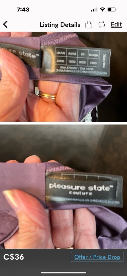 Sujetador push-up acolchado plisado de encaje púrpura/blanco Pleasure State Couture talla 34DD Foto 3 de 3