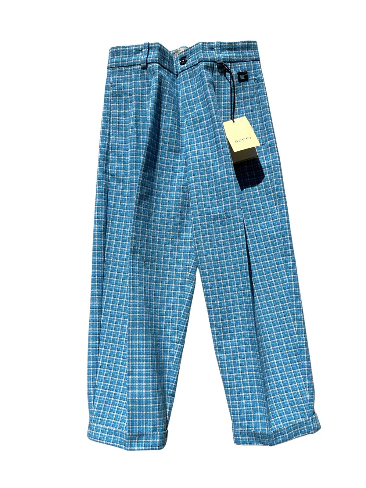 Pantalon enfant Gucci taille 8 coton jacquard brodé logo manchette plissé bleu