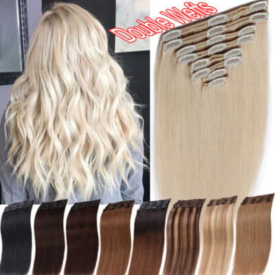 Thick Full Head Clip In Hair Extensions Remy 100% Human Hair Double Weft White